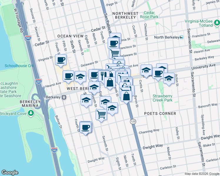 map of restaurants, bars, coffee shops, grocery stores, and more near 1007 Addison Street in Berkeley