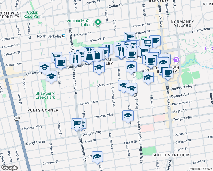 map of restaurants, bars, coffee shops, grocery stores, and more near 2201 McGee Avenue in Berkeley