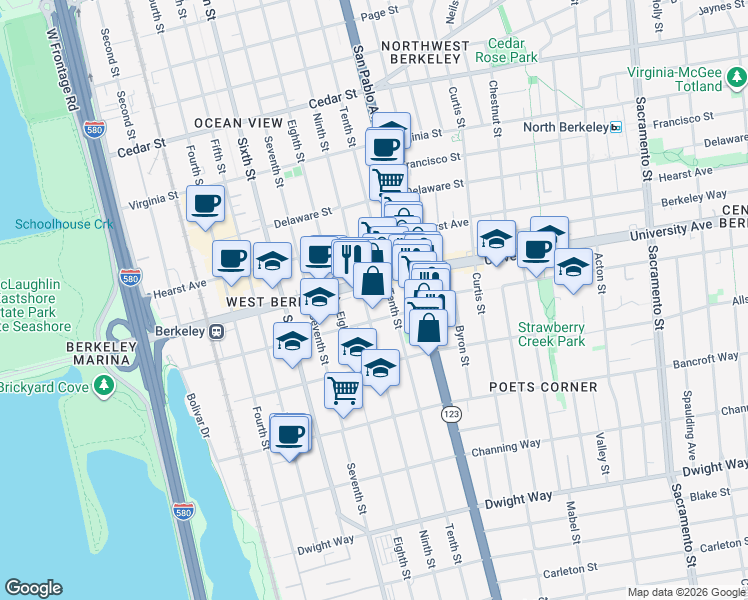 map of restaurants, bars, coffee shops, grocery stores, and more near 1007 Addison Street in Berkeley