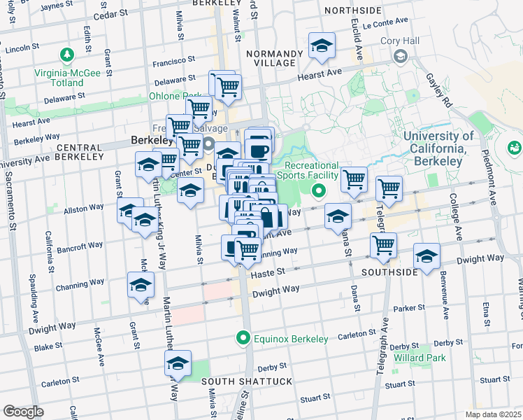 map of restaurants, bars, coffee shops, grocery stores, and more near 2126 Bancroft Way in Berkeley