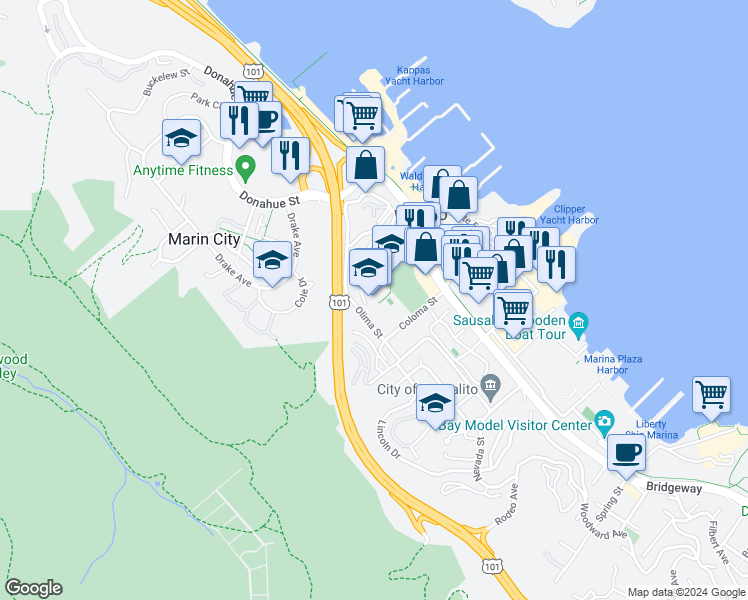 map of restaurants, bars, coffee shops, grocery stores, and more near 610 Coloma Street in Sausalito