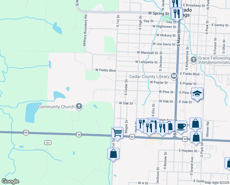 map of restaurants, bars, coffee shops, grocery stores, and more near 1077 South 1st Street in El Dorado Springs