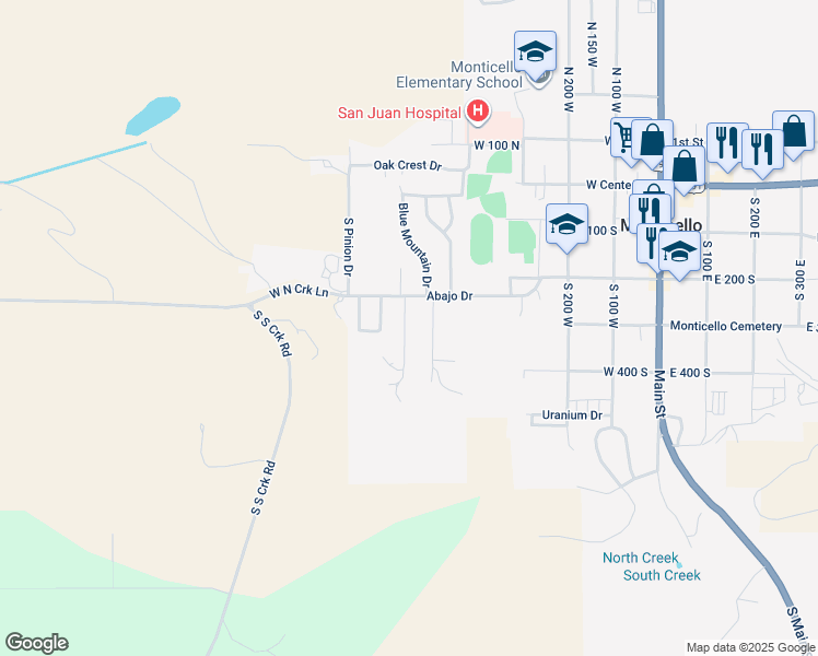 map of restaurants, bars, coffee shops, grocery stores, and more near 381 S Silverstone Lane in Monticello