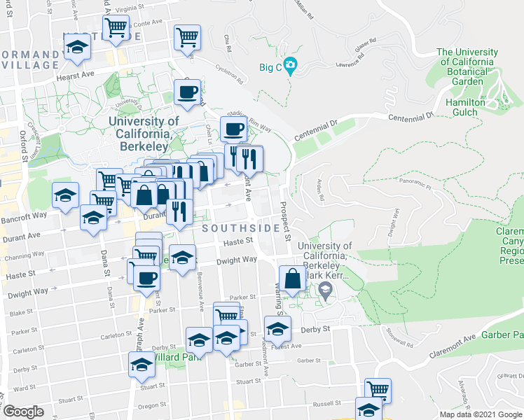 map of restaurants, bars, coffee shops, grocery stores, and more near 2401 Piedmont Avenue in Berkeley