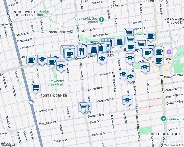 map of restaurants, bars, coffee shops, grocery stores, and more near 1578 Allston Way in Berkeley