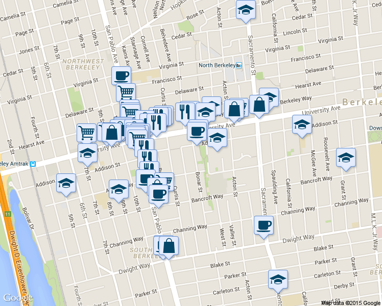 map of restaurants, bars, coffee shops, grocery stores, and more near 2128 Bonar Street in Berkeley