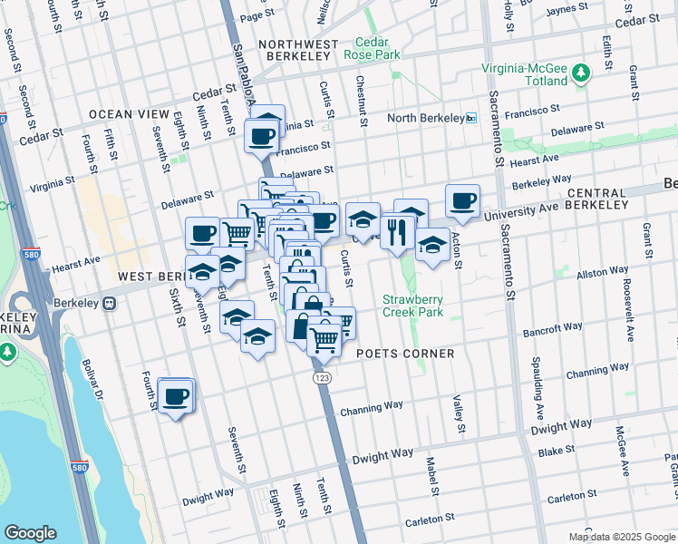 map of restaurants, bars, coffee shops, grocery stores, and more near 2131 Curtis Street in Berkeley