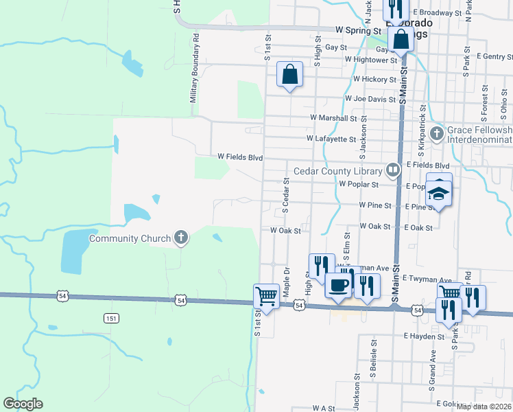map of restaurants, bars, coffee shops, grocery stores, and more near 1077-1099 S 1st St in El Dorado Springs