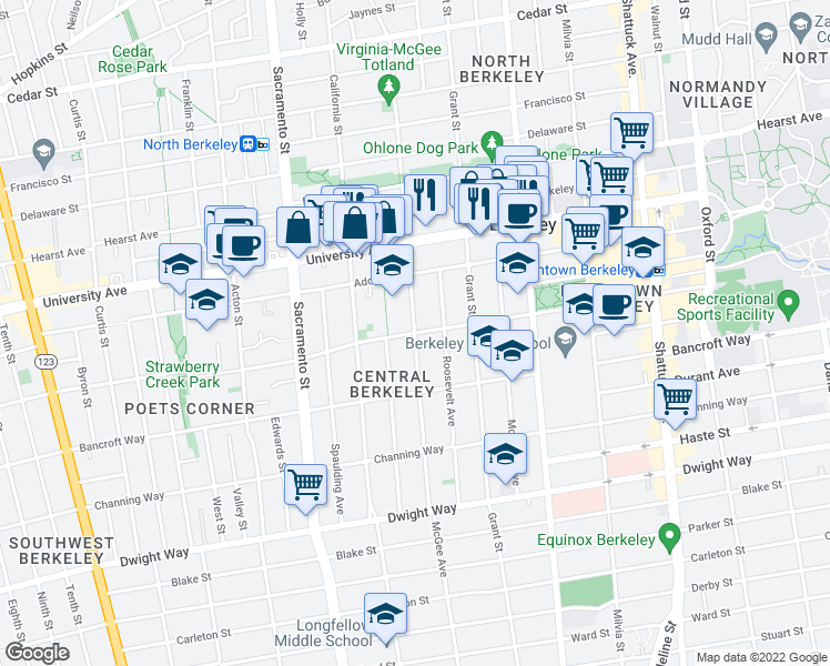 map of restaurants, bars, coffee shops, grocery stores, and more near Allston Way & McGee Ave in Berkeley