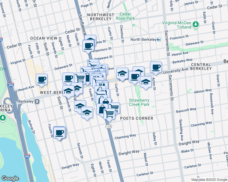 map of restaurants, bars, coffee shops, grocery stores, and more near 1138 Addison Street in Berkeley