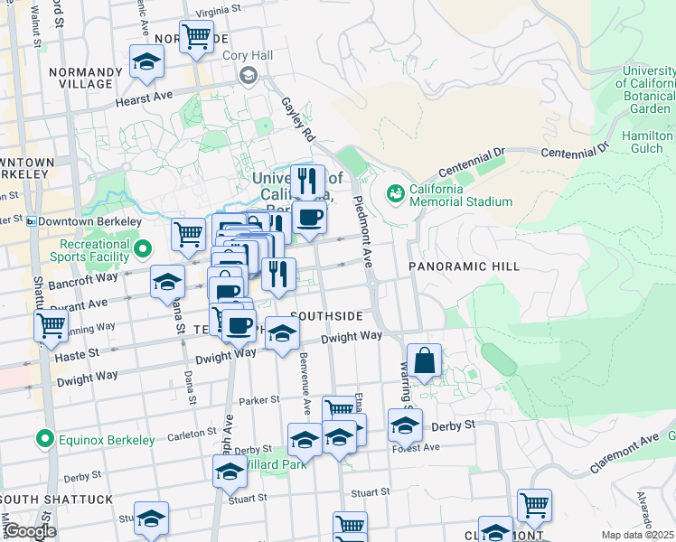 map of restaurants, bars, coffee shops, grocery stores, and more near 2718 Durant Avenue in Berkeley