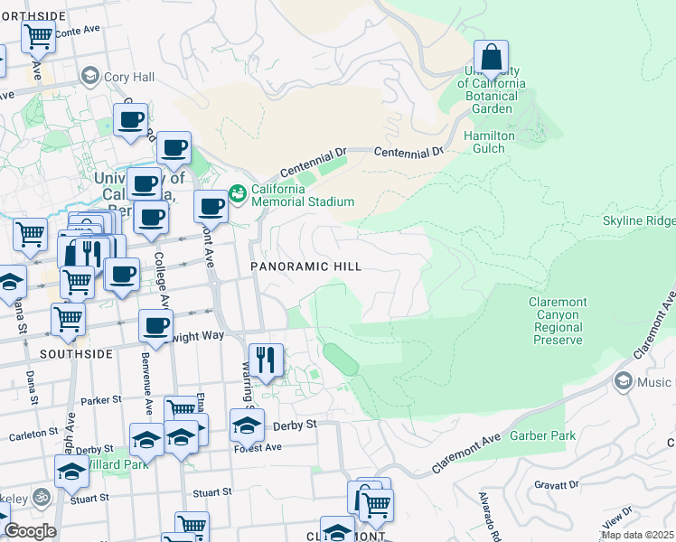 map of restaurants, bars, coffee shops, grocery stores, and more near 156 Panoramic Way in Berkeley