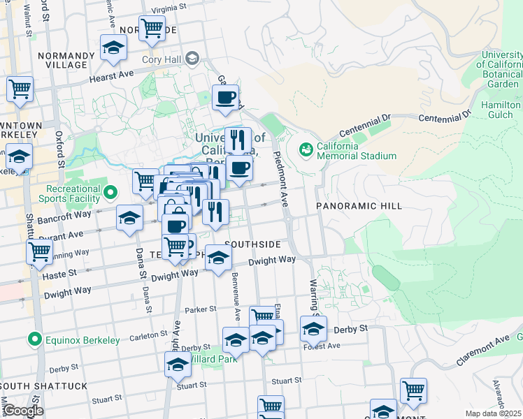 map of restaurants, bars, coffee shops, grocery stores, and more near 2716 Durant Avenue in Berkeley