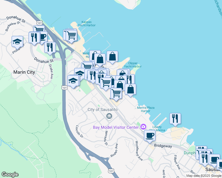 map of restaurants, bars, coffee shops, grocery stores, and more near 400 Gate 5 Road in Sausalito