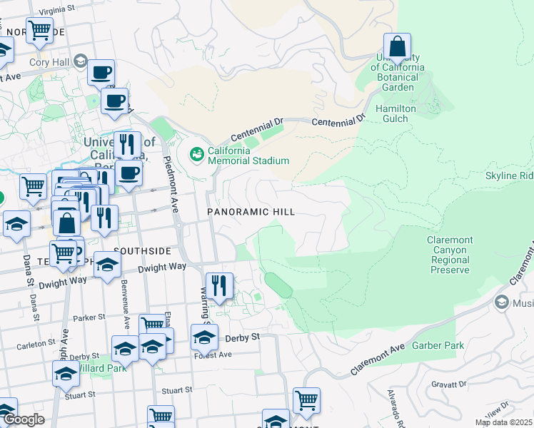 map of restaurants, bars, coffee shops, grocery stores, and more near 208 Panoramic Way in Berkeley