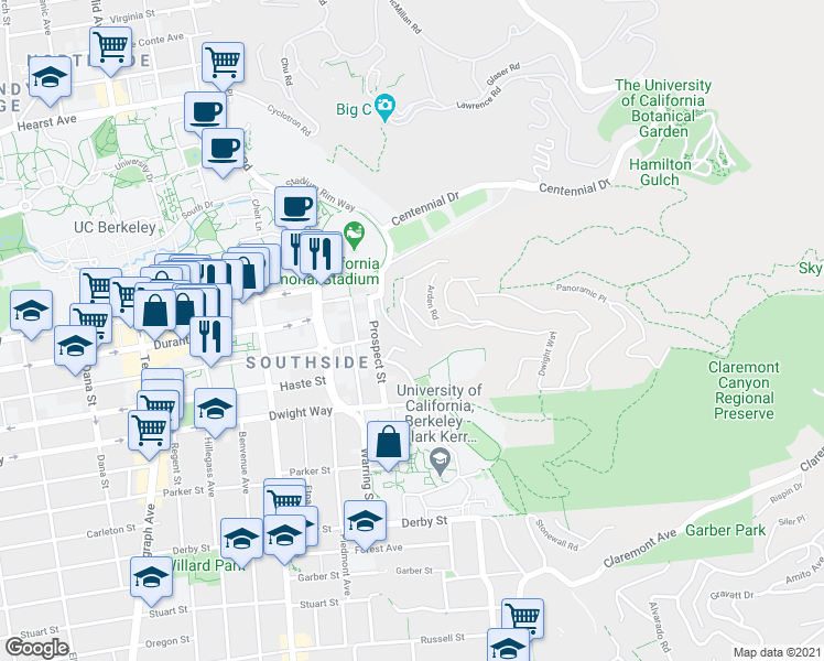 map of restaurants, bars, coffee shops, grocery stores, and more near 109 Panoramic Way in Berkeley