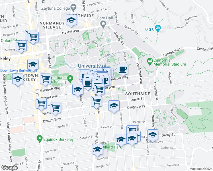 map of restaurants, bars, coffee shops, grocery stores, and more near 176 Hearst Avenue in Berkeley