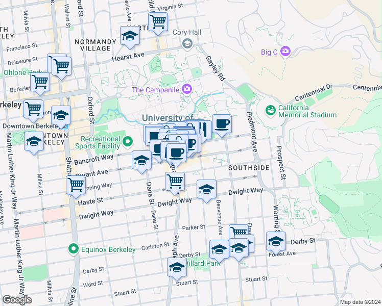 map of restaurants, bars, coffee shops, grocery stores, and more near 176 Hearst Avenue in Berkeley