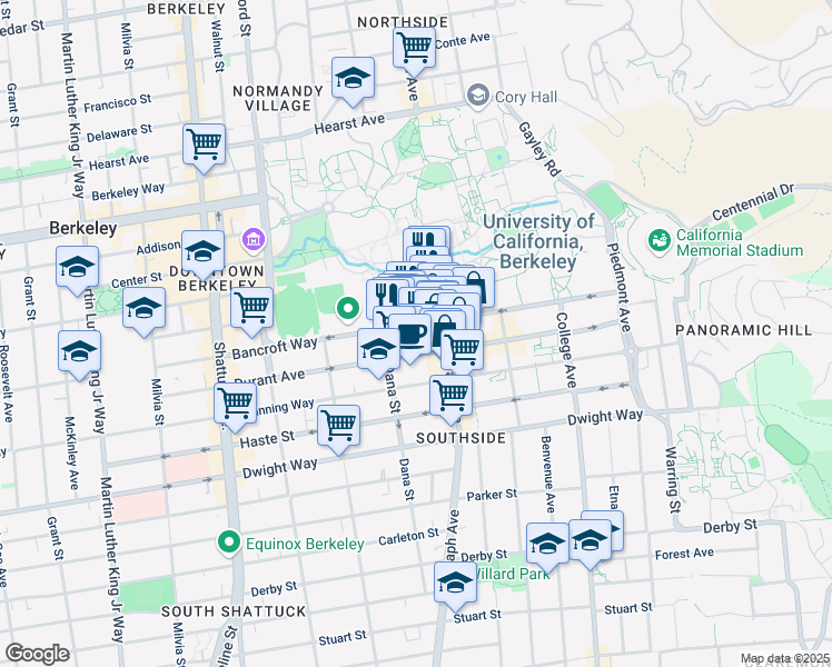 map of restaurants, bars, coffee shops, grocery stores, and more near 2400C Bancroft Way in Berkeley