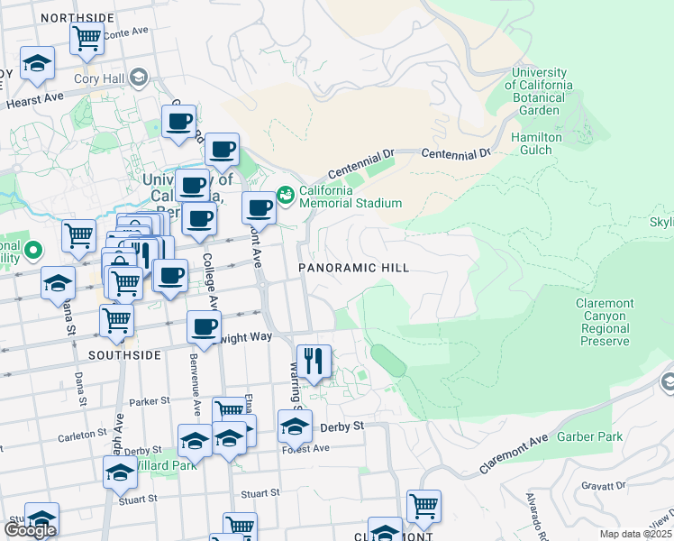 map of restaurants, bars, coffee shops, grocery stores, and more near 64 Panoramic Way in Berkeley