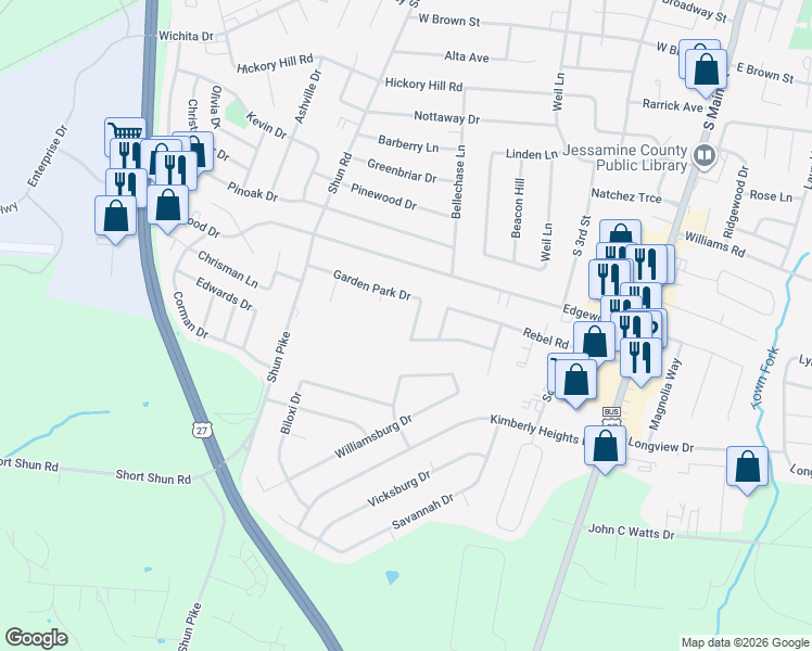 map of restaurants, bars, coffee shops, grocery stores, and more near 318 Garden Park Drive in Nicholasville