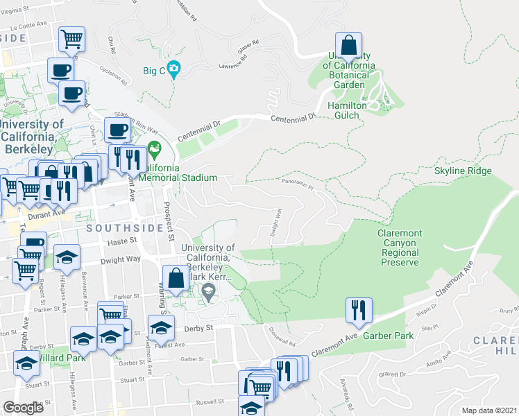 map of restaurants, bars, coffee shops, grocery stores, and more near 3382 Dwight Way in Berkeley