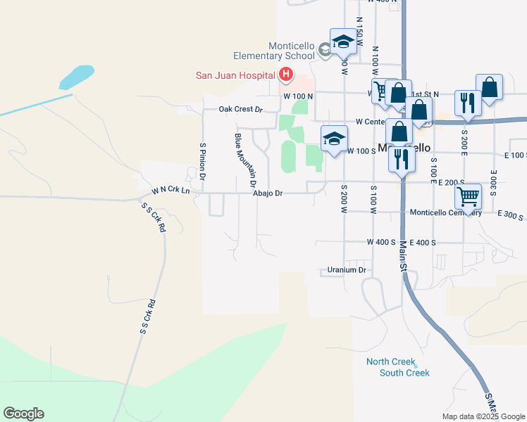 map of restaurants, bars, coffee shops, grocery stores, and more near 305 North Creek Lane in Monticello
