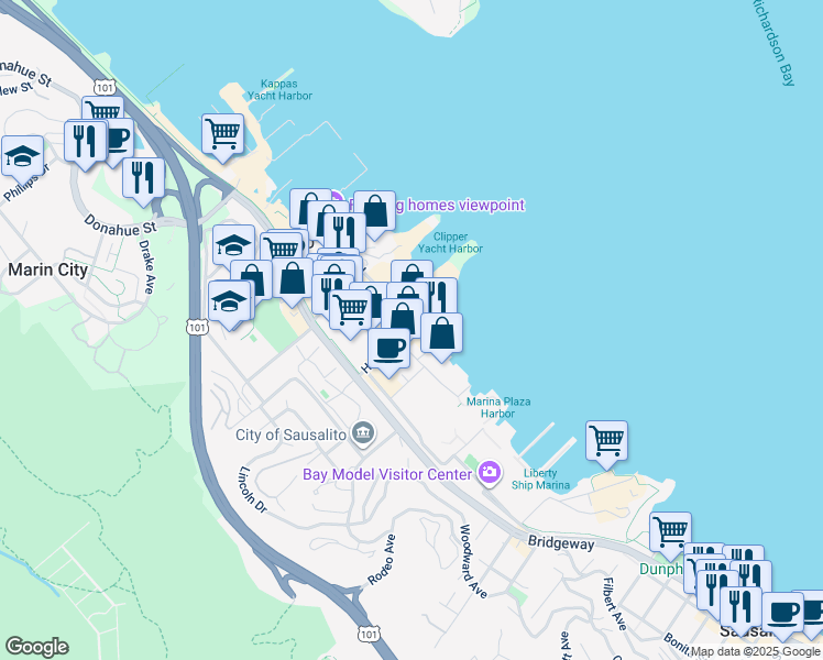 map of restaurants, bars, coffee shops, grocery stores, and more near Harbor Drive in Sausalito
