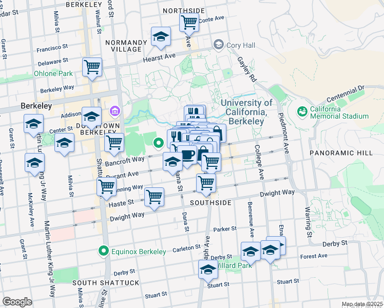 map of restaurants, bars, coffee shops, grocery stores, and more near 2400C Bancroft Way in Berkeley