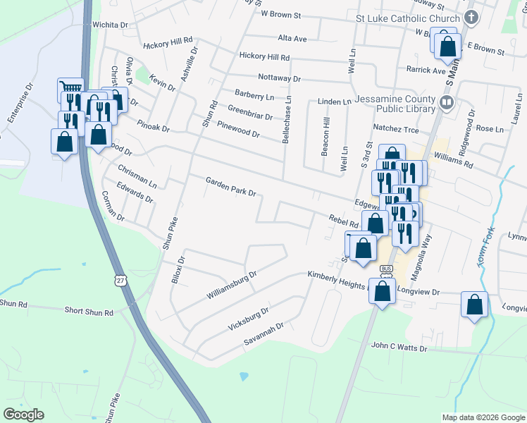 map of restaurants, bars, coffee shops, grocery stores, and more near 318 Garden Park Drive in Nicholasville
