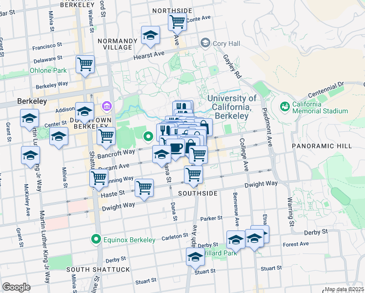 map of restaurants, bars, coffee shops, grocery stores, and more near 2400C Bancroft Way in Berkeley