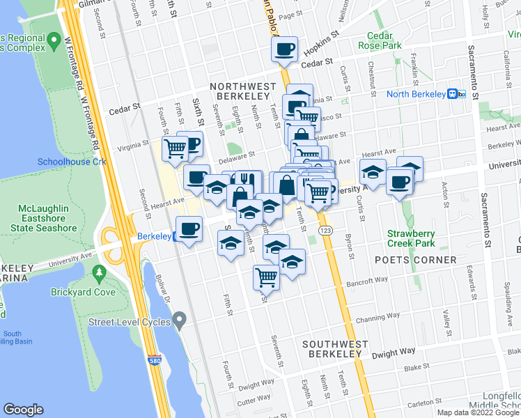 map of restaurants, bars, coffee shops, grocery stores, and more near University Avenue in Berkeley