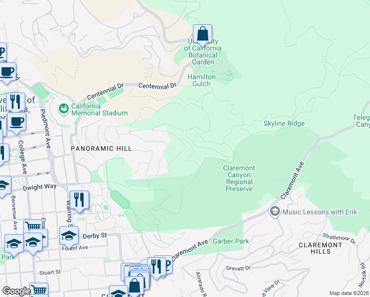 map of restaurants, bars, coffee shops, grocery stores, and more near 567 Panoramic Way in Berkeley