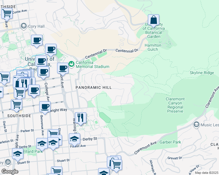 map of restaurants, bars, coffee shops, grocery stores, and more near 340 Panoramic Way in Berkeley