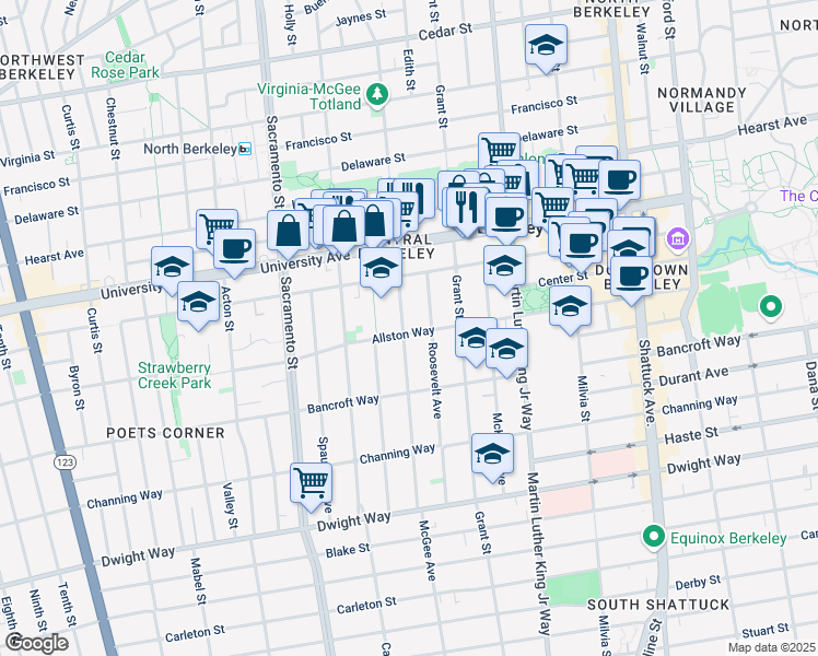 map of restaurants, bars, coffee shops, grocery stores, and more near 2127 McGee Avenue in Berkeley