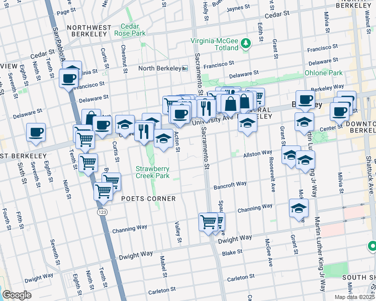 map of restaurants, bars, coffee shops, grocery stores, and more near 1422 Addison Street in Berkeley