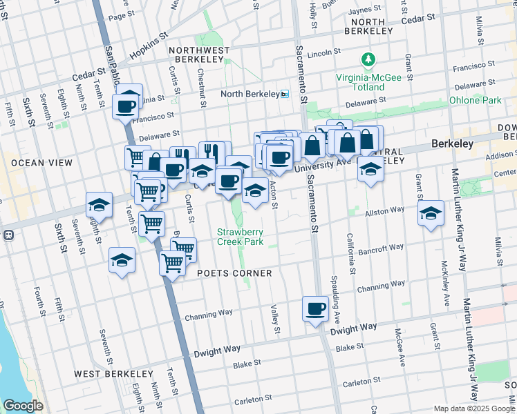 map of restaurants, bars, coffee shops, grocery stores, and more near 1336 Addison Street in Berkeley