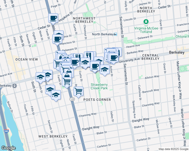 map of restaurants, bars, coffee shops, grocery stores, and more near in Berkeley