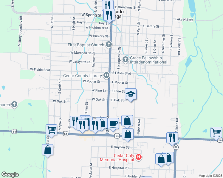 map of restaurants, bars, coffee shops, grocery stores, and more near 100-150 E Poplar St in El Dorado Springs