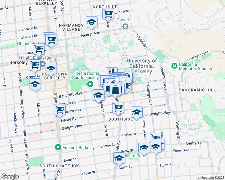 map of restaurants, bars, coffee shops, grocery stores, and more near 2501 Bancroft Way in Berkeley