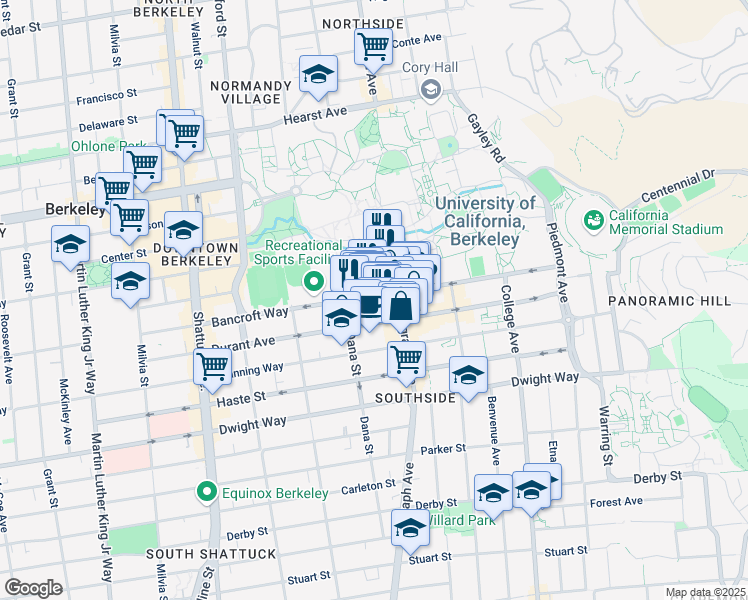 map of restaurants, bars, coffee shops, grocery stores, and more near 2454 Bancroft Way in Berkeley