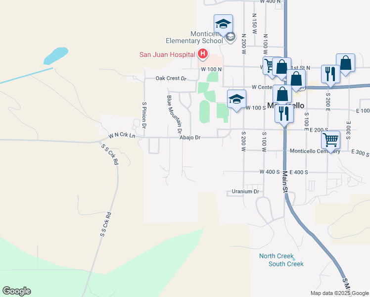map of restaurants, bars, coffee shops, grocery stores, and more near 297 North Creek Lane in Monticello