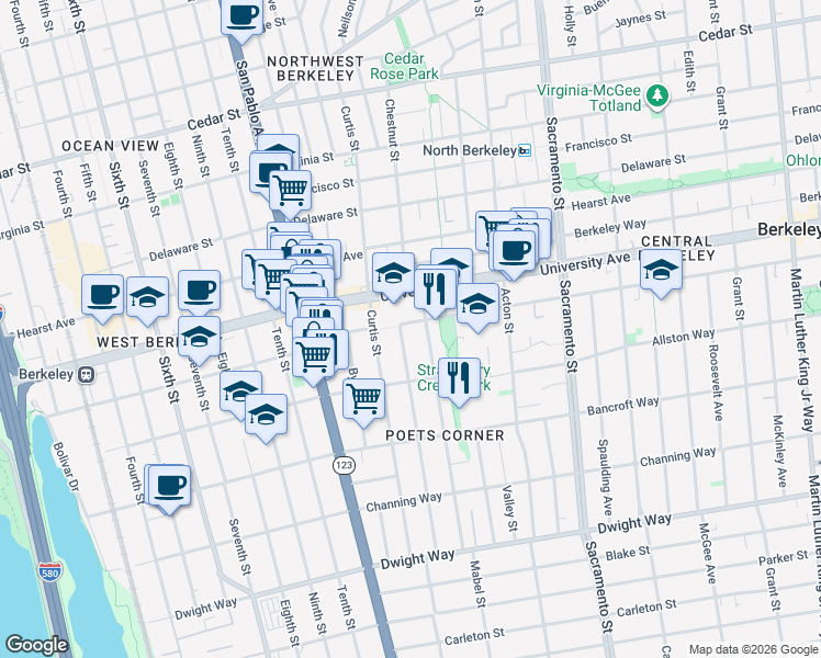 map of restaurants, bars, coffee shops, grocery stores, and more near in Berkeley