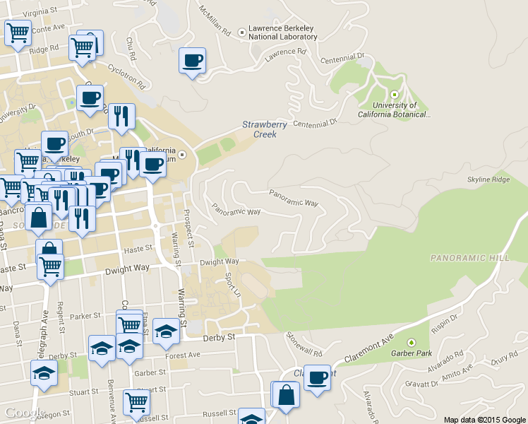 map of restaurants, bars, coffee shops, grocery stores, and more near Panoramic Way in Berkeley