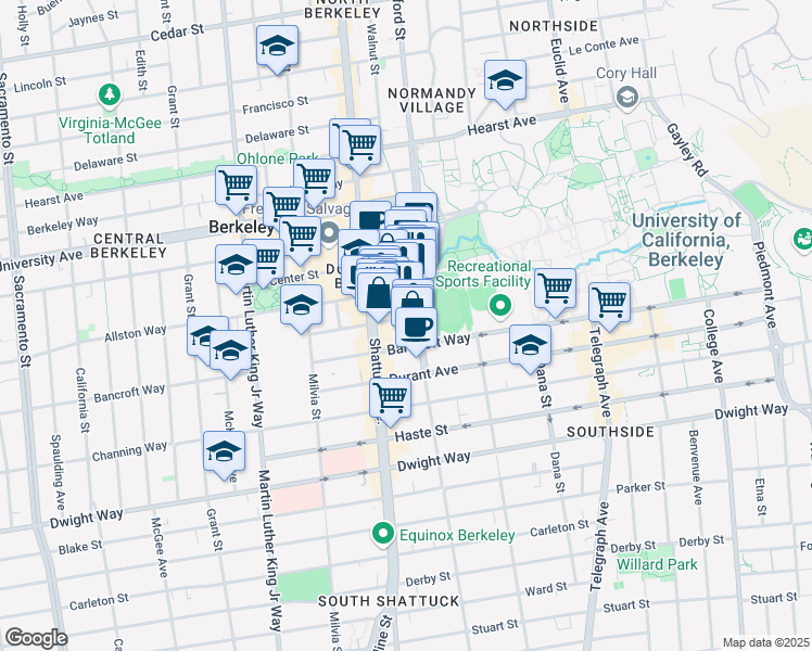 map of restaurants, bars, coffee shops, grocery stores, and more near 2240 Oxford Street in Berkeley