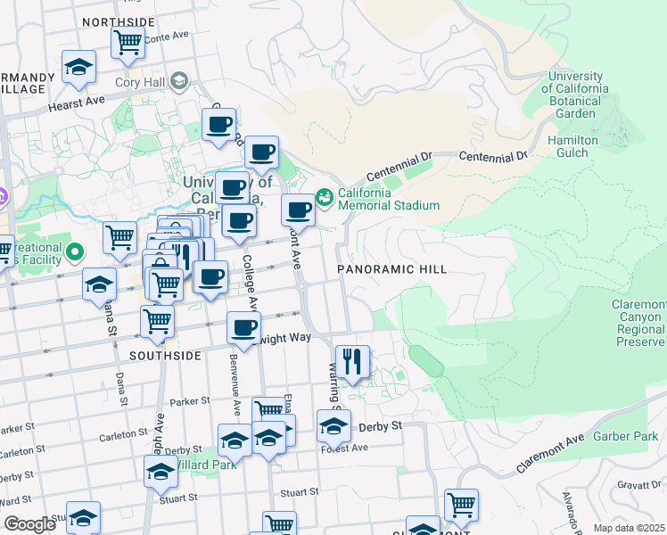 map of restaurants, bars, coffee shops, grocery stores, and more near 2327 Warring Street in Berkeley