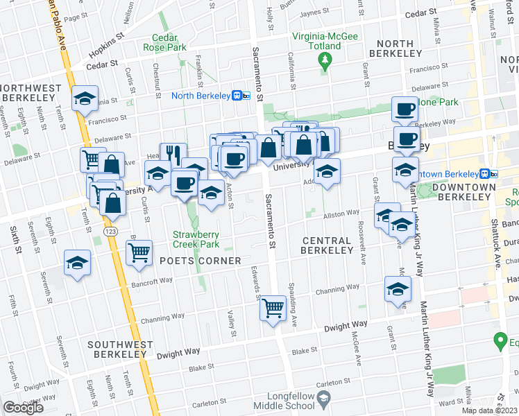 map of restaurants, bars, coffee shops, grocery stores, and more near 1422 Addison Street in Berkeley