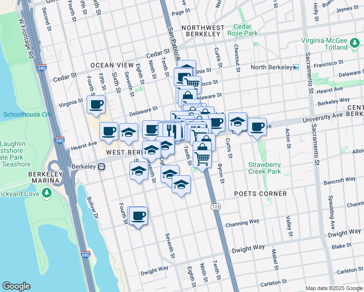 map of restaurants, bars, coffee shops, grocery stores, and more near in Berkeley