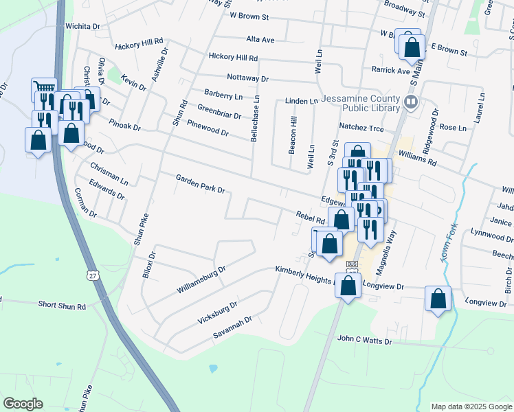 map of restaurants, bars, coffee shops, grocery stores, and more near 325 Rebel Road in Nicholasville
