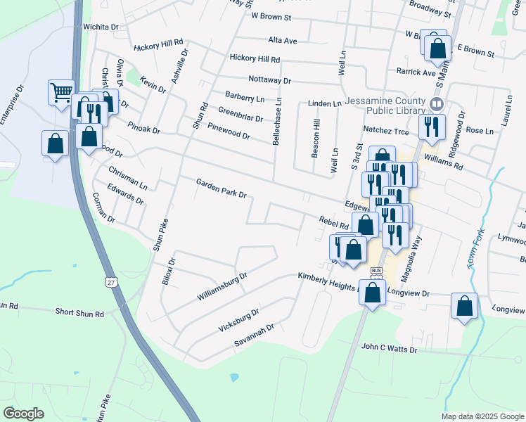 map of restaurants, bars, coffee shops, grocery stores, and more near 318 Garden Park Drive in Nicholasville